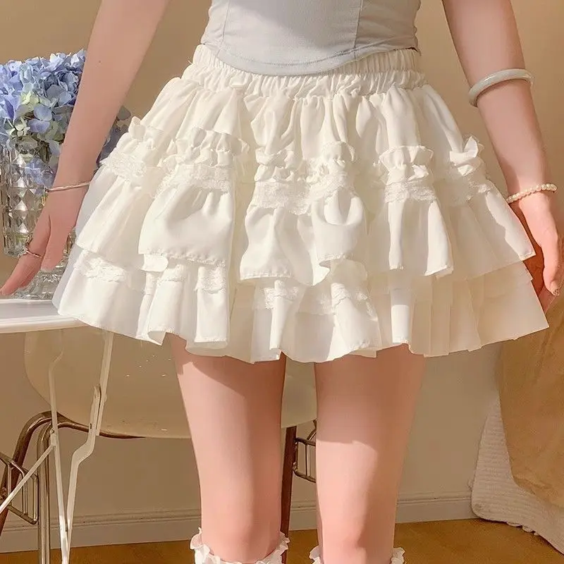 

Japanese White Lace Cake Tutu Skirt For Women Sweet Skirt A-Line Skirt High-Waisted Slimming Anti-Exposure Skirt