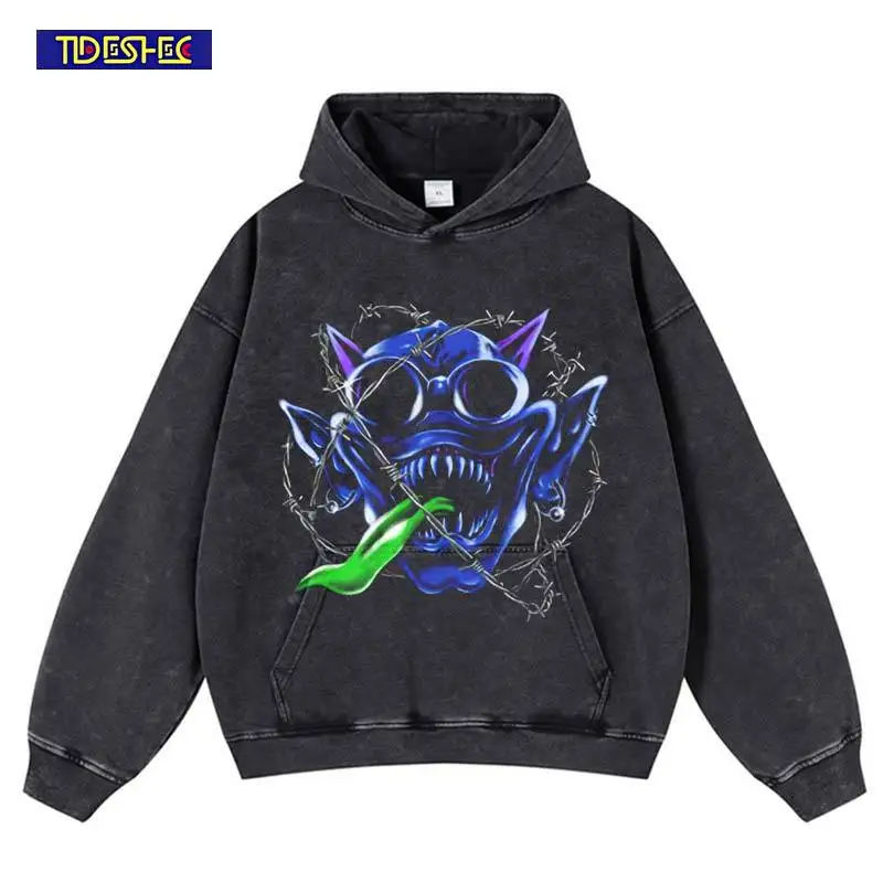 

Эластичная толстовка в стиле хип-хоп, Harajuku, панк, винтажная стираная толстовка большого размера с хлопковым узором и принтом, теплая толстовка с капюшоном, уличная одежда, пуловер с капюшоном