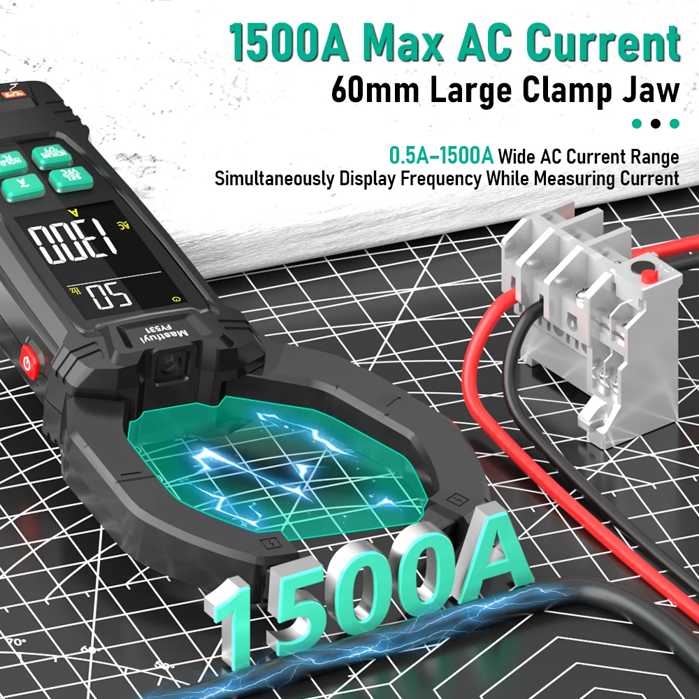 MASTFUYI FY531 1500A AC Current Clamp Meter USB Rechargeable 1000mAh Voltage Tester Frequency Temperature