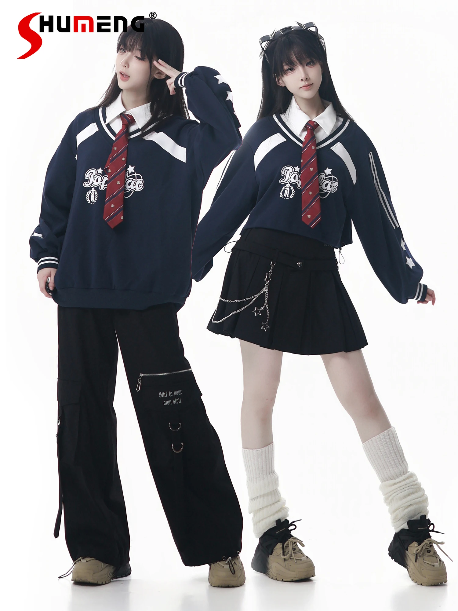 

Original Design College Style Student Y2K Pants Set Spring Autumn New 2025 Sweet Cool Polo Collar Hoodie Cargo Pants Skirt Set