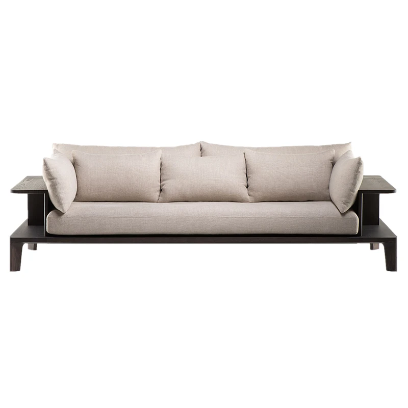 

su-Elegant Wooden Frame Upholstered Sofa with Side Tables and Plush Cushions for Modern Living Room#