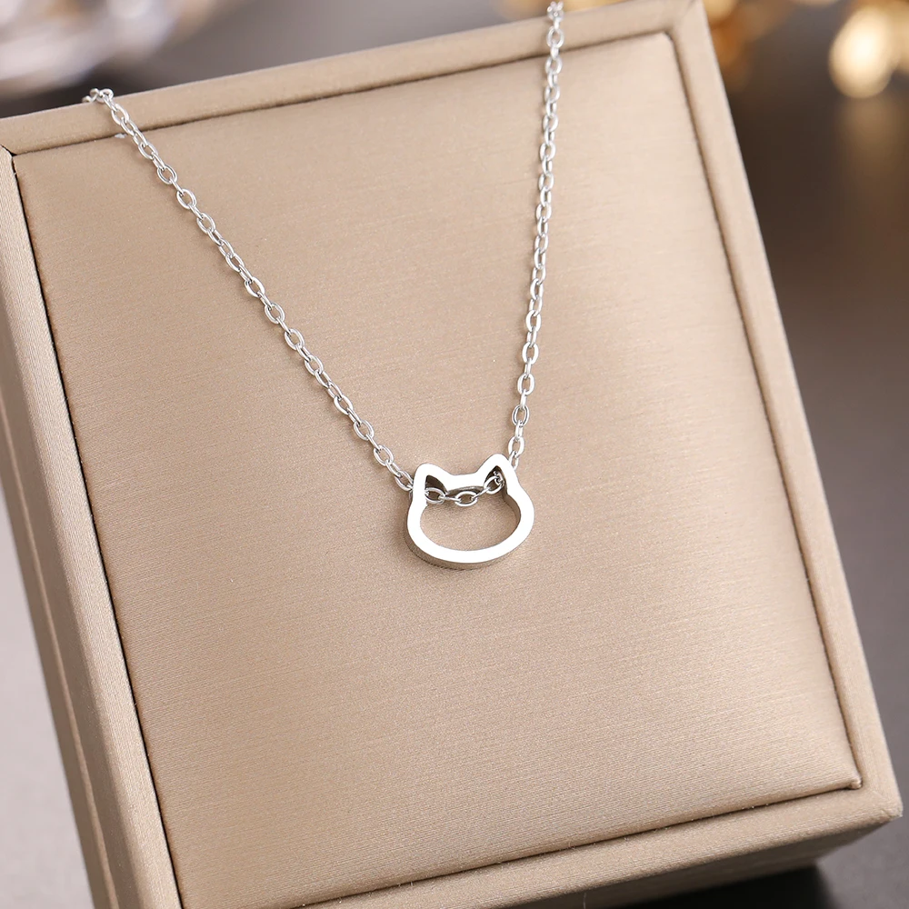 Stainless Steel Necklaces Cute Cartoon Kitten Cat Pendants Girl Chain Kpop Choker Fashion Necklace For Women Jewelry Fine Gifts