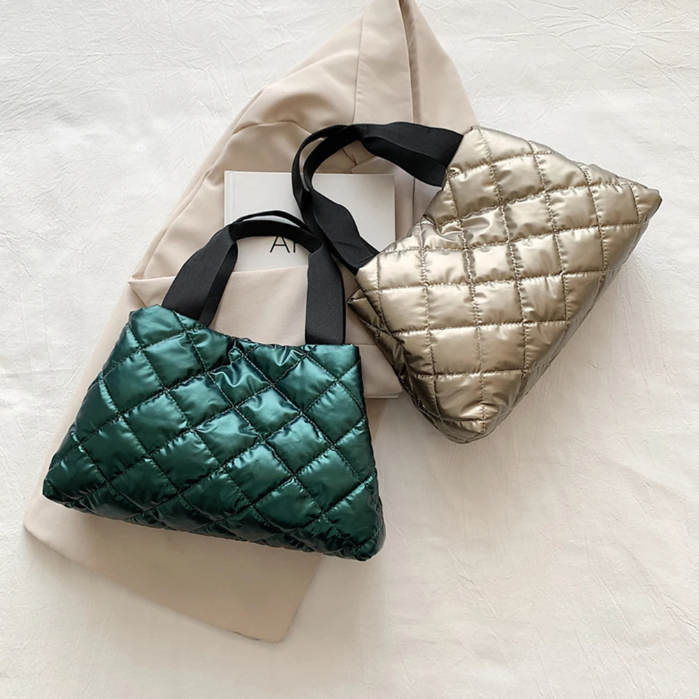 Women Quilted Hobo Handbag Large Capacity Tote Handbag Soft Solid Color Portable Cotton Girls Winter Bag