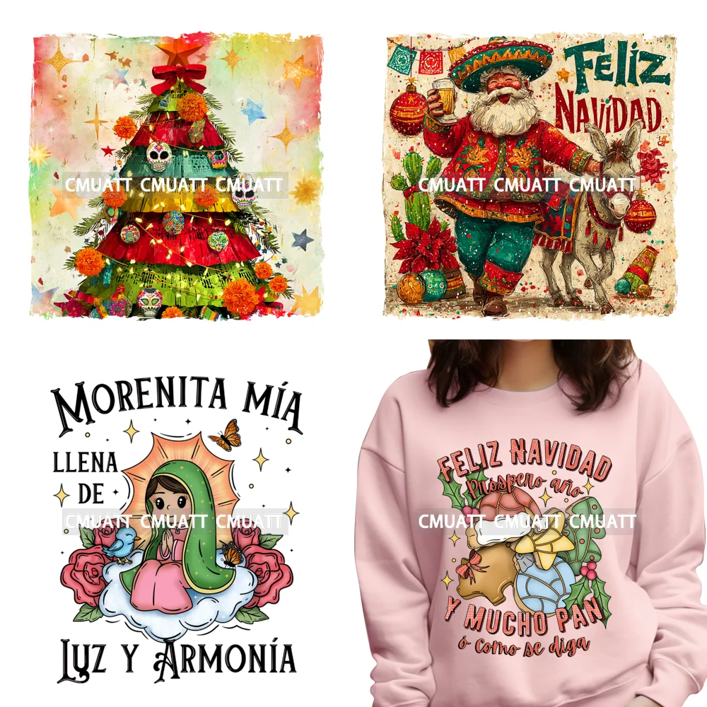 

Preppy Mexican Spanish Christmas Feliz Navidad Vibes Iron on Washable DTF Heat Transfer Stickers Ready to Press for T-shirts Bag