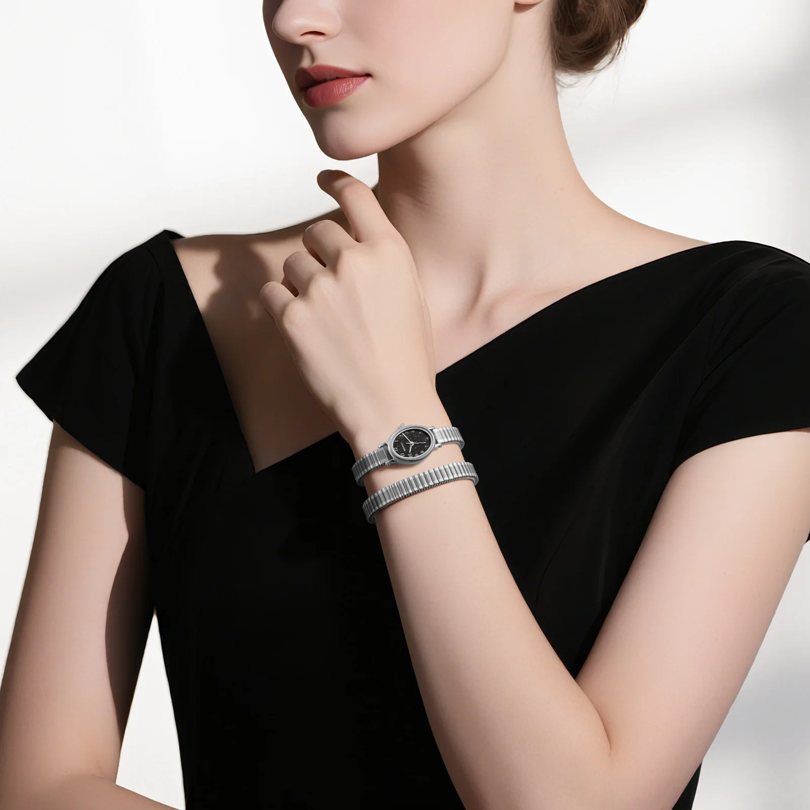 BERNY Watches for Women Luxury Casual Elastic Strap Dress Ladies Watch Stretch Bangle Stainless Steel Easy Read Wristwatch