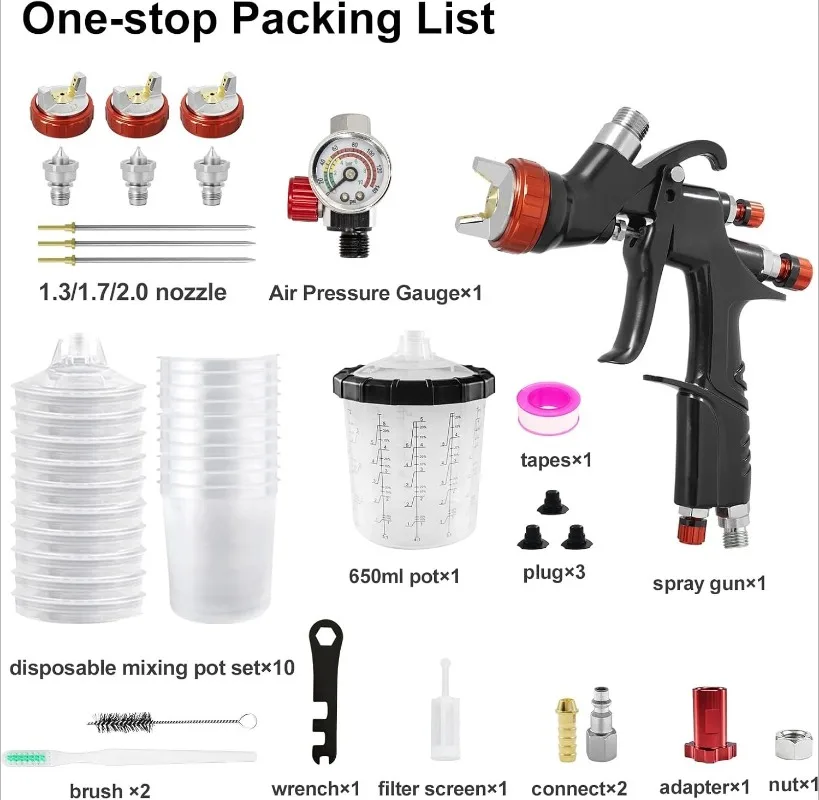 A610 LVLP Air Spray Gun with 1.3/1.7/2.0mm &10x Disposable CupsNozzle Car Painting Paint Spray Gun Kit Airbrush Spray Gun