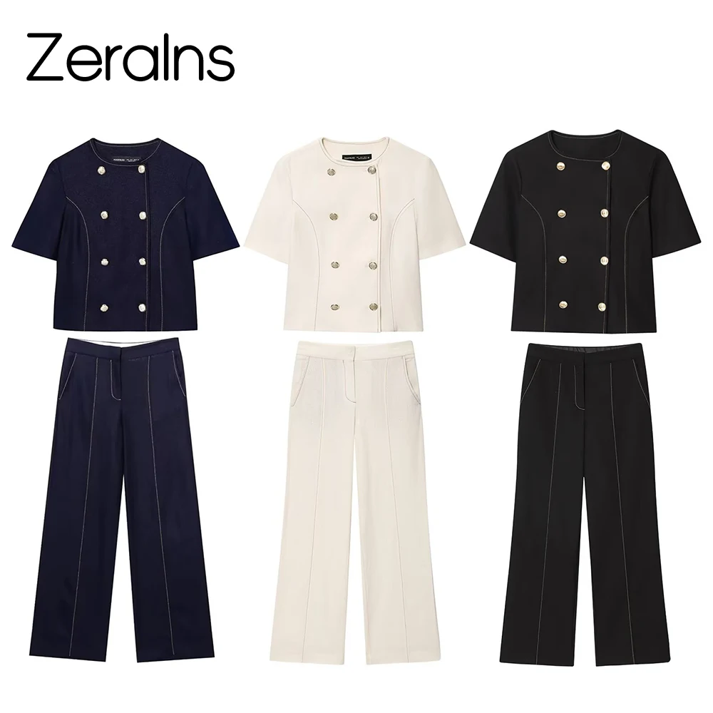 

ZERAINS, новинка лета 2023, женский льняной костюм со смешанной нитью, костюм, пальто, комплект прямых брюк