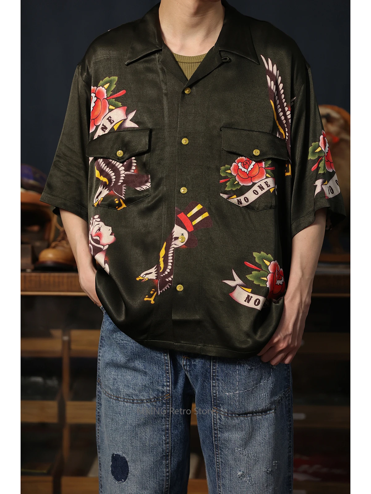 

Second Order Sukajan Style Print Hawaiian Shirt Dark Green Rayon Camp Shirt Men