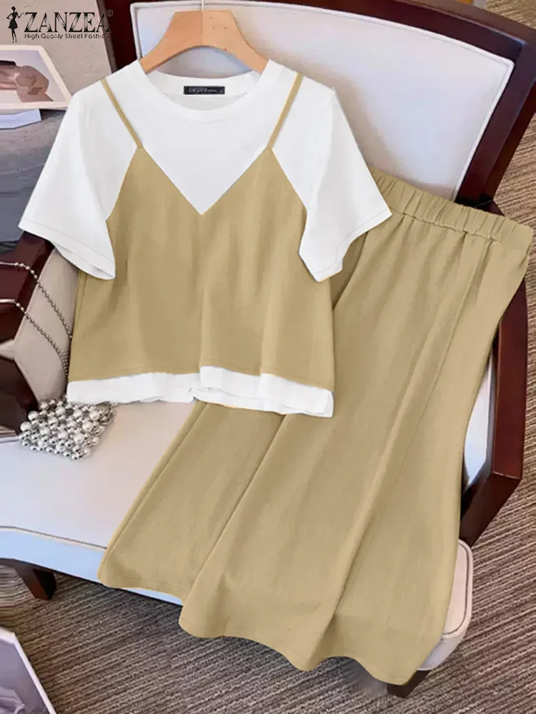 

ZANZEA Summer 2PCS Women Matching Sets Short Sleeve Patchwork Blouse Wide Leg Pant Suits Casual Loose Tracksuits Fashion Outfits
