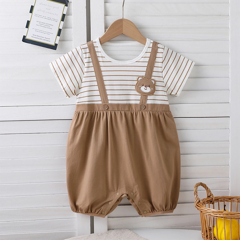 بذلة ناعمة ولطيفة على شكل دمية دب مخططة مكونة من قطعتين بحزام كتف للرضع والأطفال الصغار، نمط صيفي من القطن الخالص