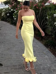 Hugcitar Elegant Solid Strapless Ruffles Sexy Bodycon Maxi Prom Dress Summer Women Fashion Y2K Outfit Birthday Party Festival