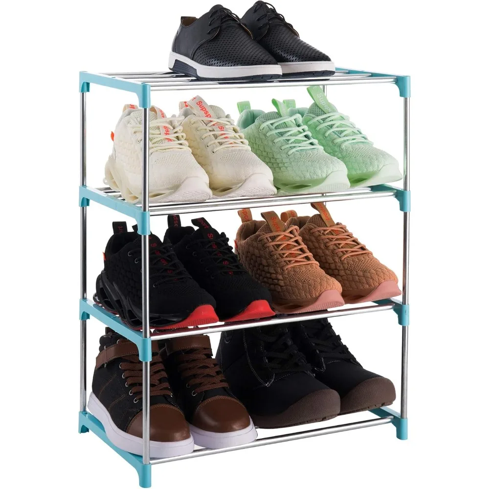 

4-Tier Stackable Small Shoe Rack, Lightweight Shoe Shelf Storage Organizer for Entryway, Hallway and Closet (Blue)