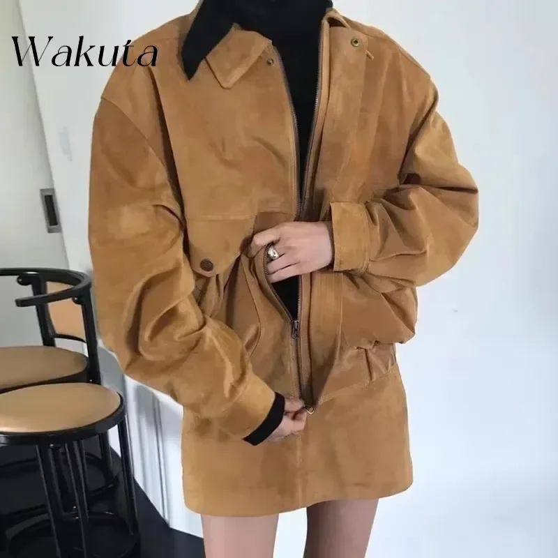 WAKUTA Korean Retro Versatile Lapel Loose Long-sleeved Jacket Chic A-line Half-body Dress Short Skirt Fall Matching Sets 니트 스커트