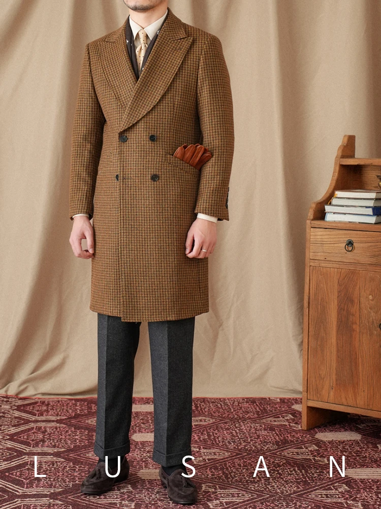 Mr. Lu San British business retro plaid double-breasted long coat 80% wool Italian trendy men