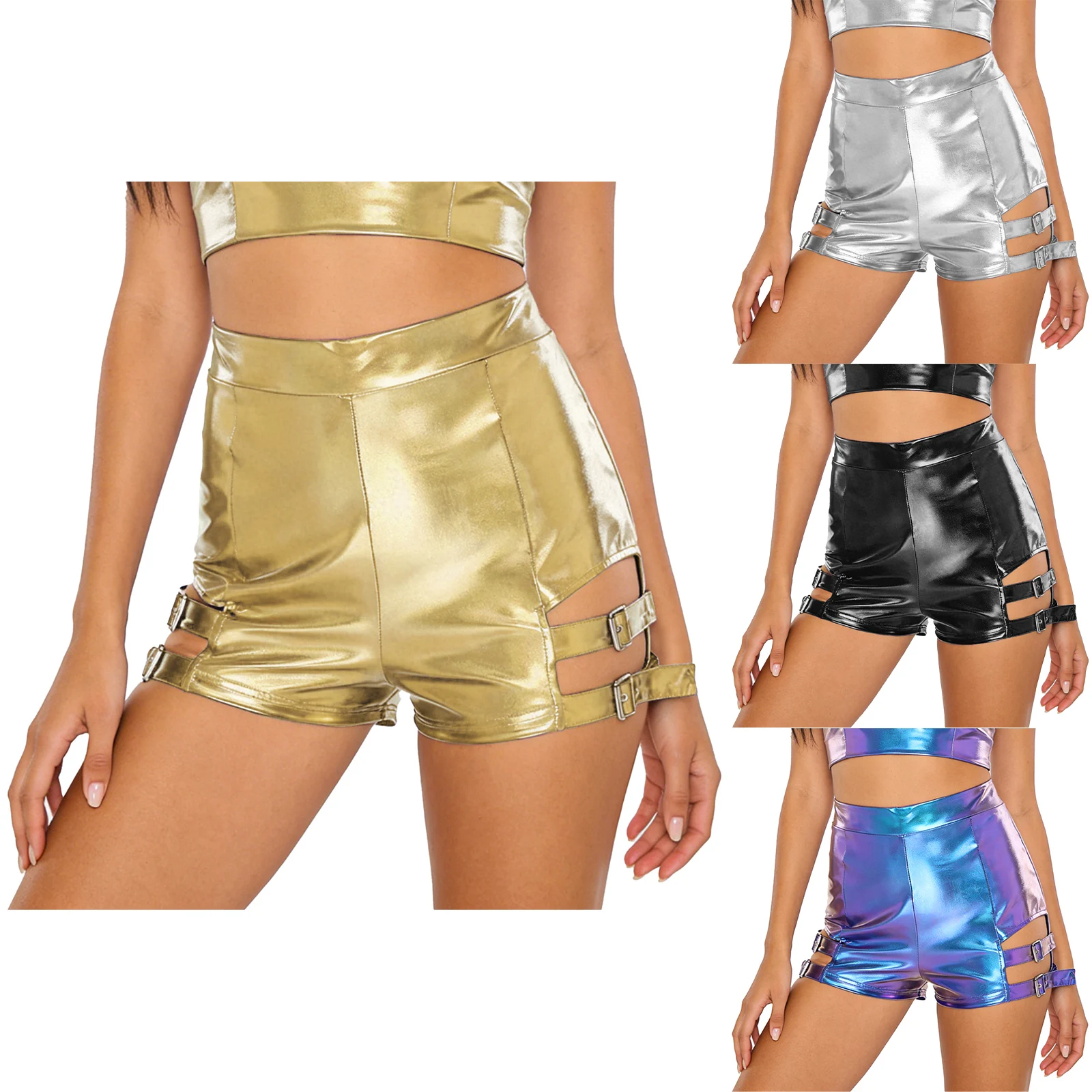 النساء لامع لامعة السراويل عالية الخصر الفخذين انقطاع مع أبازيم معدنية السراويل الساخنة الغنيمة السراويل ل رقص الجاز التشجيع السراويل #5