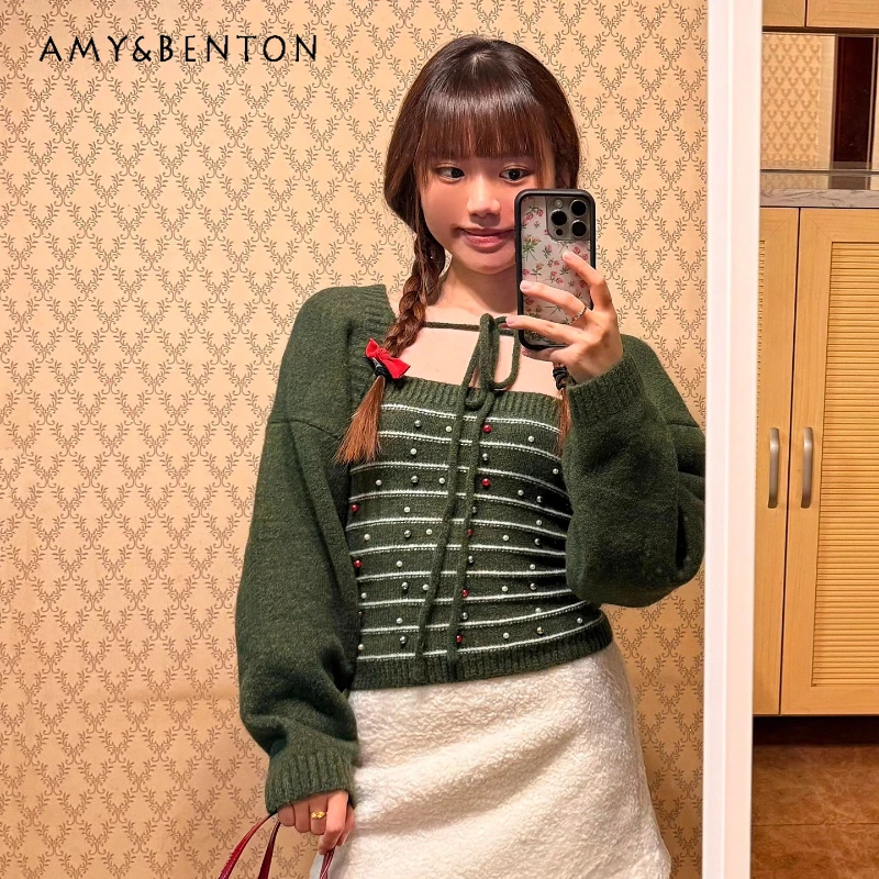

Christmas Outfit Green Tube Top Women's Vest Winter New Design Sleeveless Knitted Cardigan Loose Atmosphere Two-Piece Set Ladies