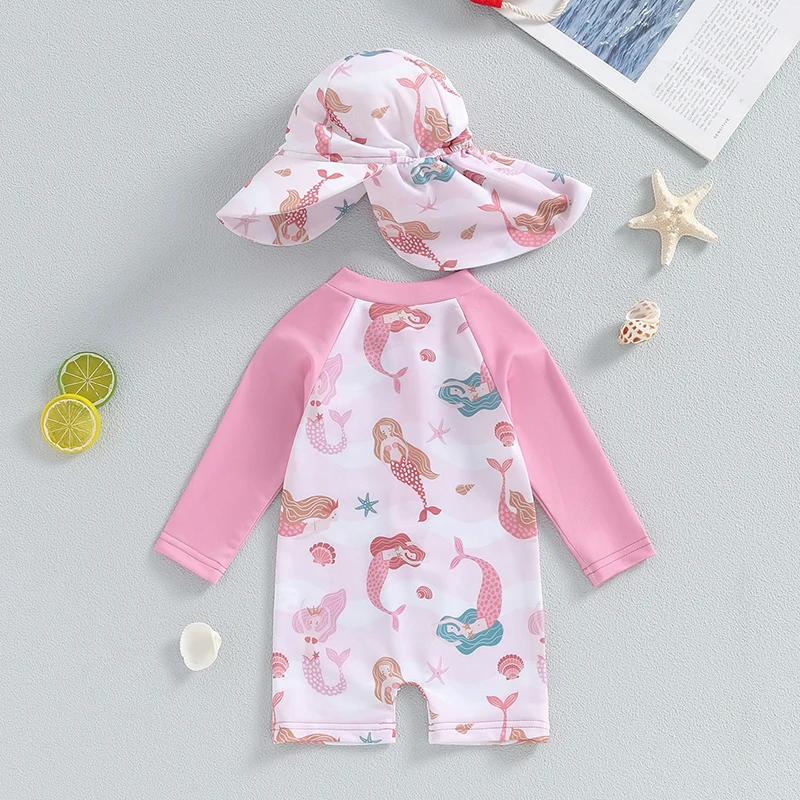 Baby Girl s Bathing Suit Set Sea Shell Print Long Sleeve Rash Guard Swimsuit Wide Brim Sun Hat Infant Toddler Beachwear