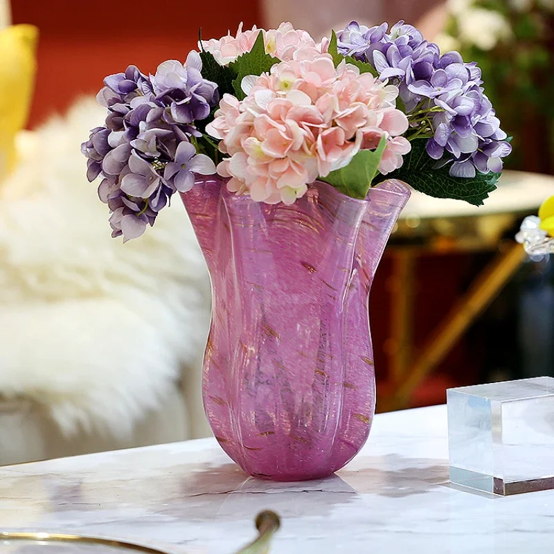 

Glass powder gold vase, living room, dining table decoration, fashionable pink, pure handmade art vase decoration