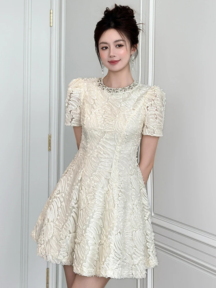 Women Clothes Evening White Lace Sequin Pearl O-Neck Slim A-Line Mini Short Dress Elegant Luxury Lady Fashion Party Prom Vestido
