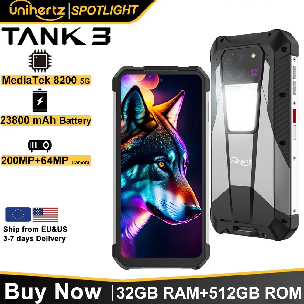 

Unihertz Tank 3 by 8849 Rugged Smartphone 32GB 512GB 23800mAh 120W Charger Dimensity 8200 5G Cell Phone 200MP 120Hz Mobile Phone
