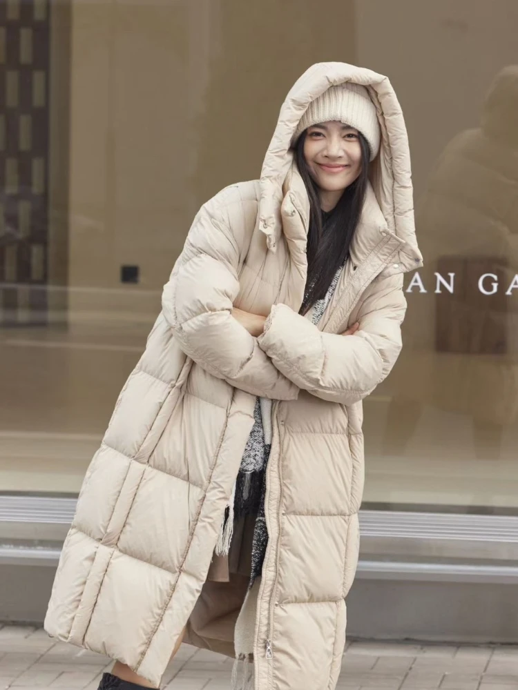 Winter New Down Jacket Women White Duck Down Thickened Warm Puffer Jacket Middle-length Hooded Pressure Plaid Long Coats Down