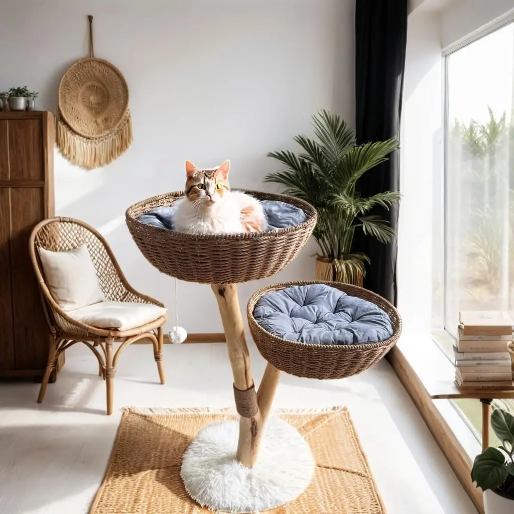 Cat Tree Modern - Minimalist Cat Tree with Sisal Rope Scratching Posts, Plush Cushioned, Baskets, and Fun Fluffy