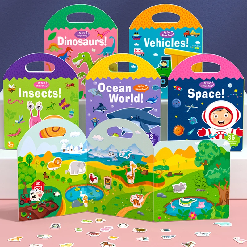 Reusable Sticker Book for Kids 2-4 Ages Preschool Learning Activities Quiet Busy Book for Travel Toys Animal Stationery Stickers