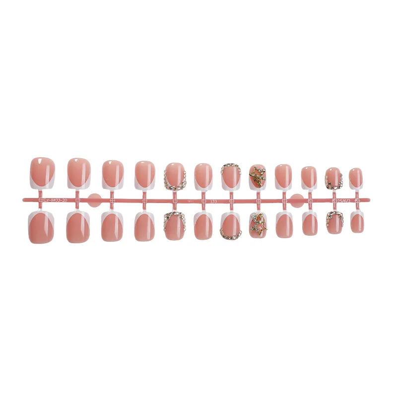 24Pcs French Short Square White Reusable False Nail Tips with Rhinestone Star Chain Nude Pink Acrylic Lovely Nails Fashion Set