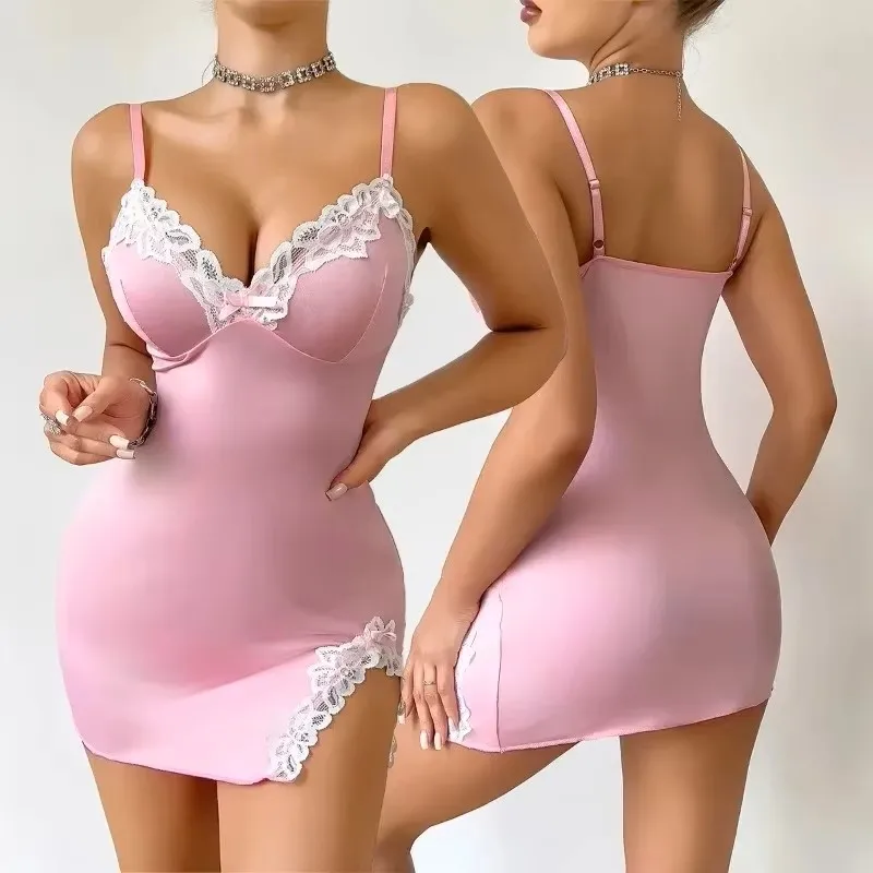 Summer hot Women Nightdress Seductive Pink Deep V Sleeveless Fashion Lace Sleep Pajamas Dress Ladies Lingerie Nightgown Homewear