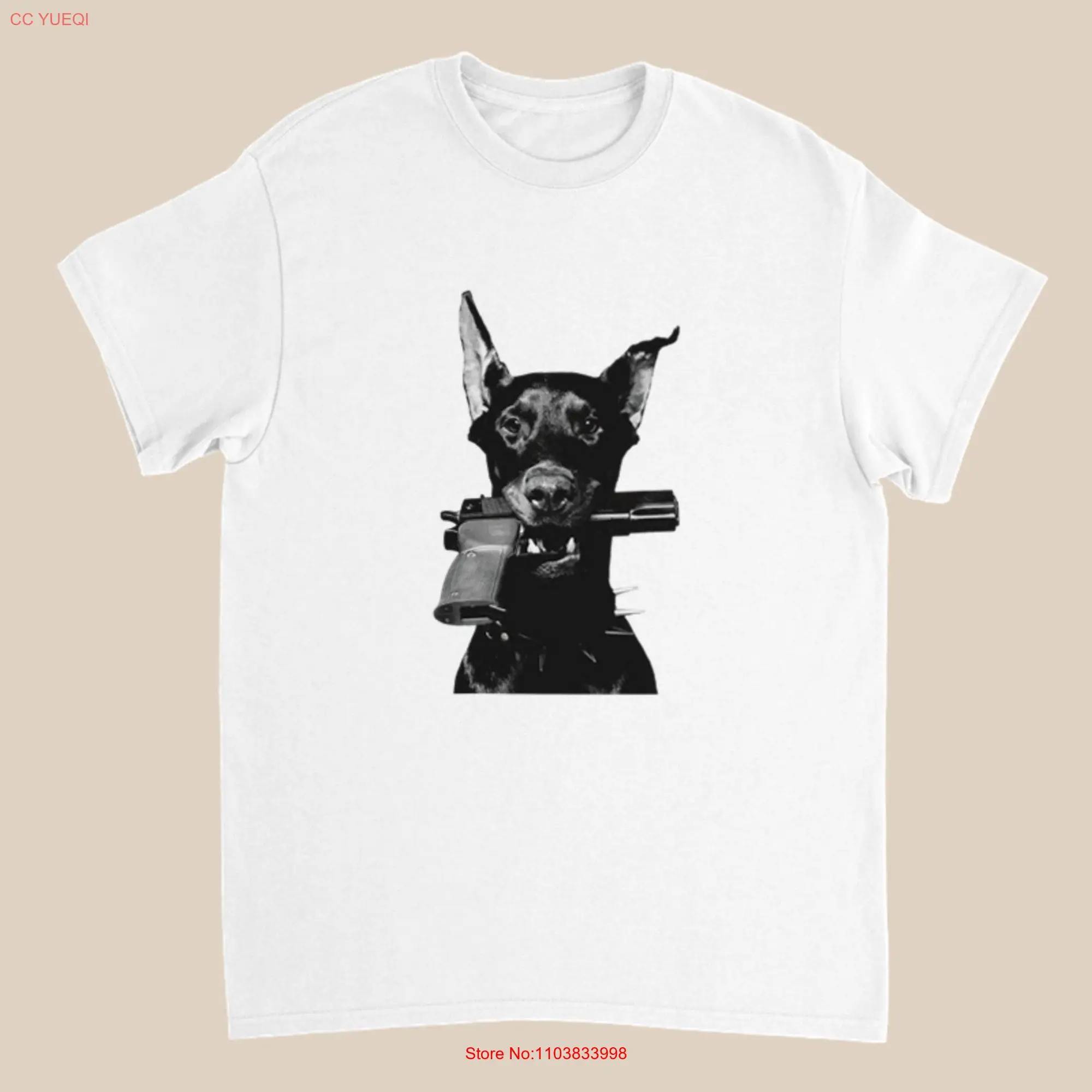 

Doberman T Shirt Dog Print Animal Heavy Cotton Bank Robber With a Gun Heavyweight long or short sleeves