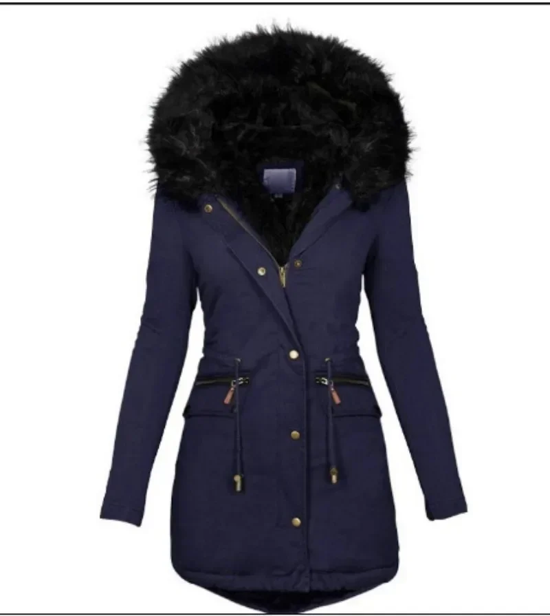 New Slim Fit and Slim Womens Jacket Solid Color Wool Collar Hooded Mid Length Warm Zipper Cotton Coat for Women