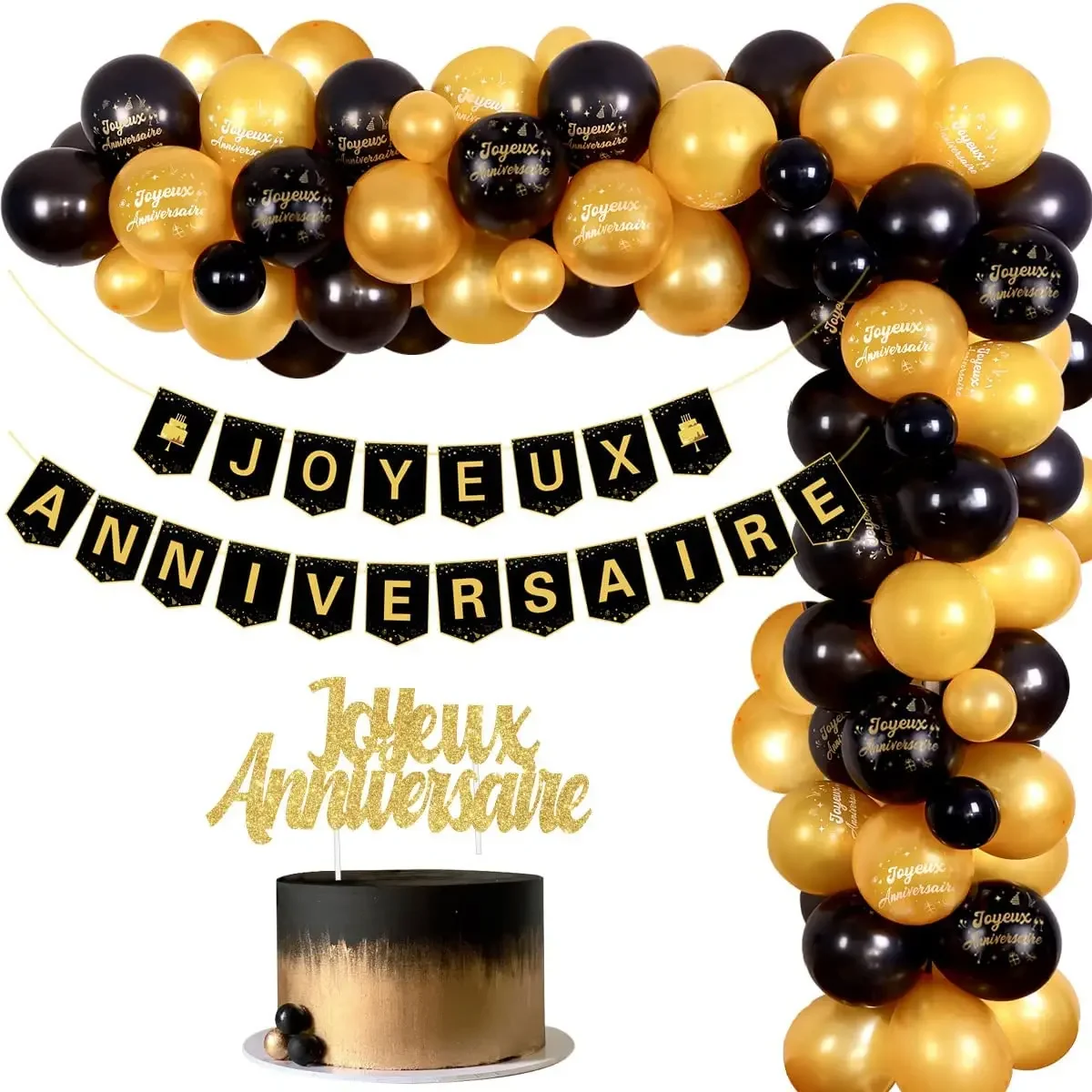 JOYMEMO Black Gold Birthday Decoration Balloon Garland Kit for Men Joyeux Anniversaire Banner Birthday Party Cake Topper Set