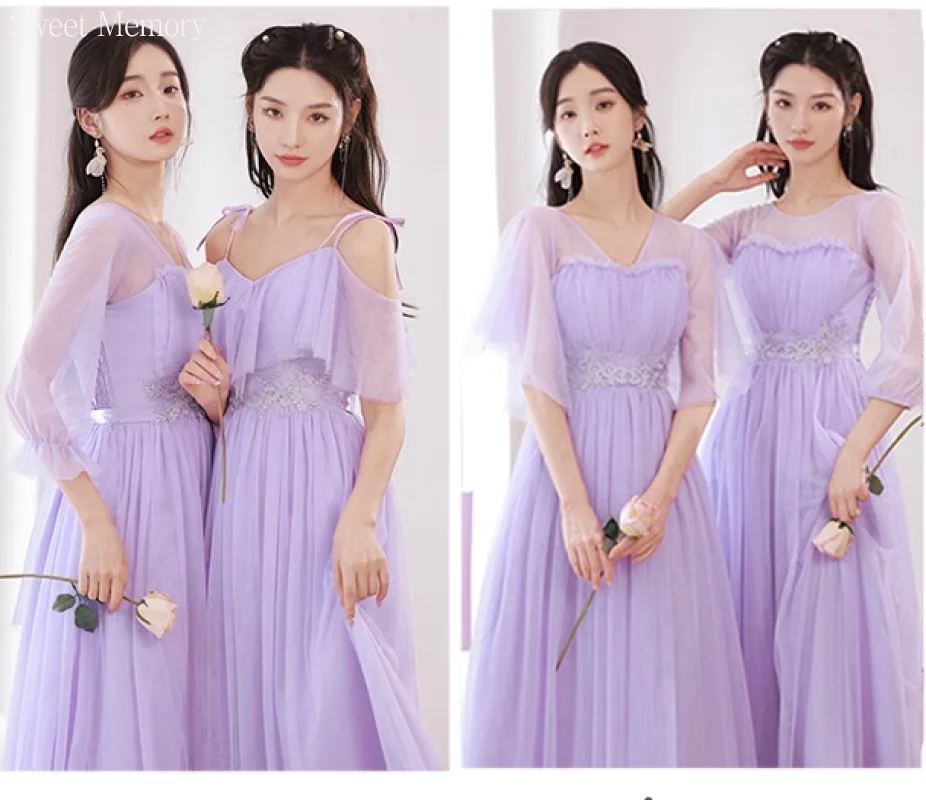 

M58 Girl Cheap Purple Lilac Bridesmaid Dresses Champage Gray Graduation Gowns Mesh Net Tulle Wedding Guest Dress Elastic Back