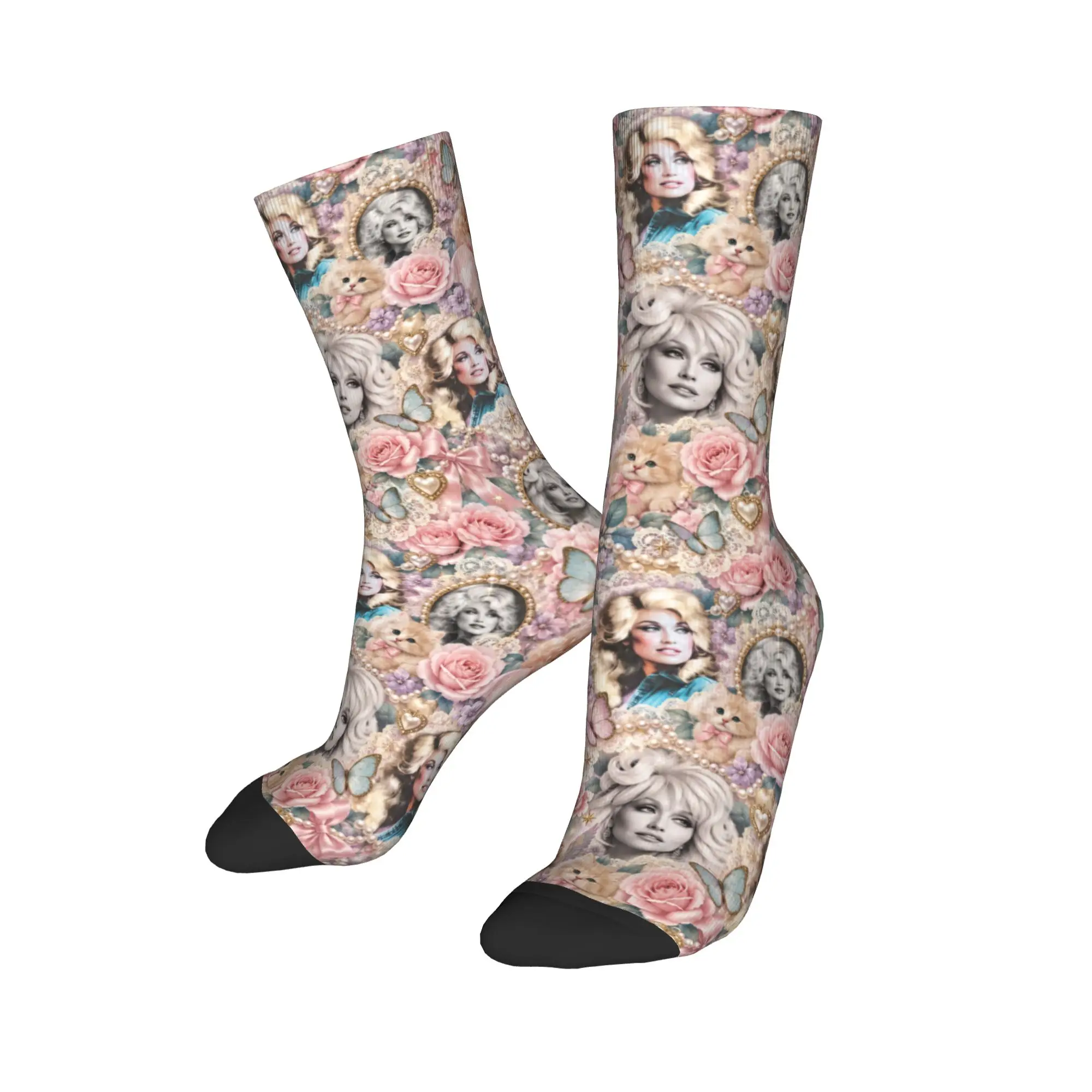 Dolly Parton Muted Flower Pattern Socks  Anti Sweat Stockings Men's Medium Soft Outdoor Sports Socks Autumn Kawaii Pattern Socks