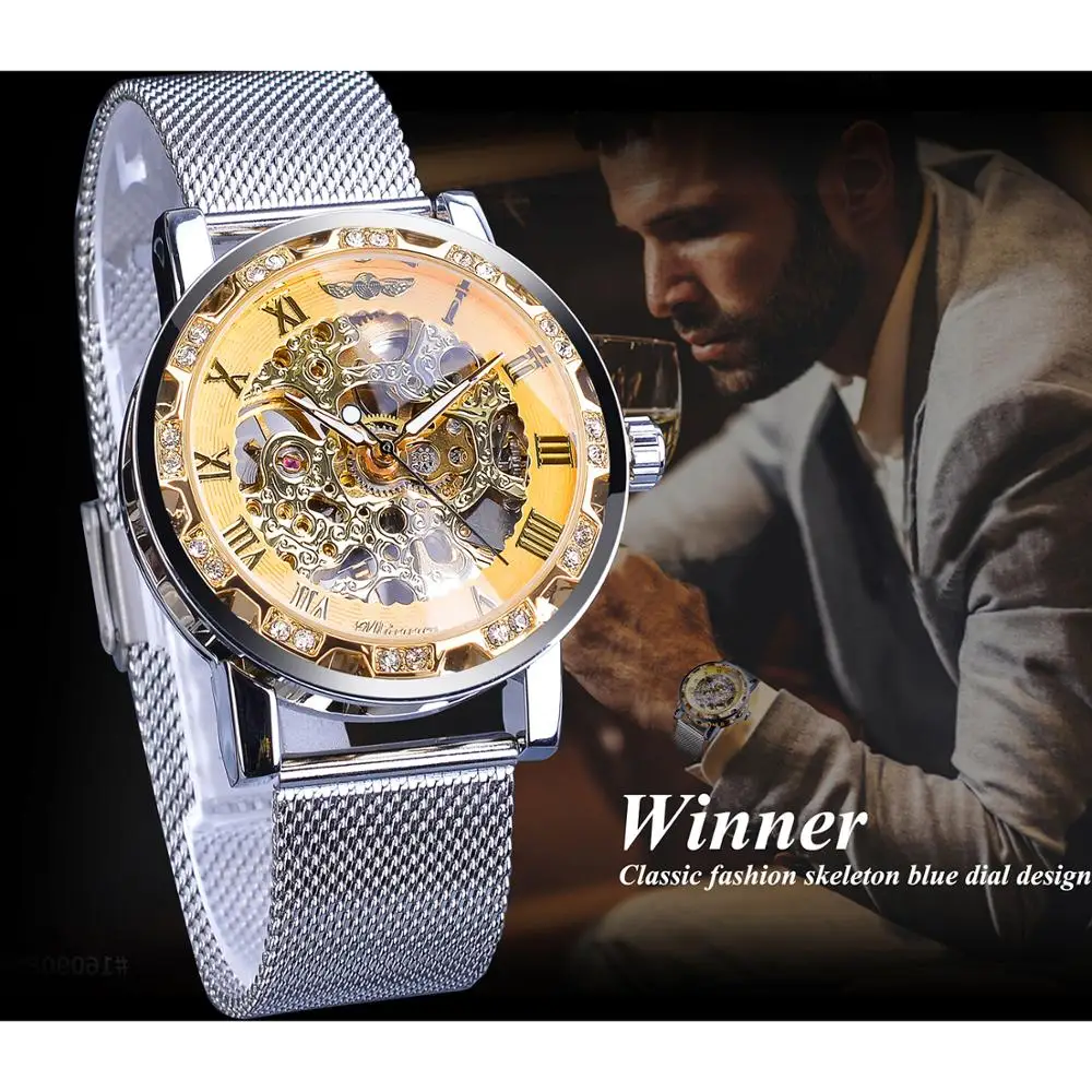 Winner Casual Mechanical Watches For Men Golden Roman Fashion Stainless Steel Belt Mesh Strap Wristwatch Clock Relogio Masculino