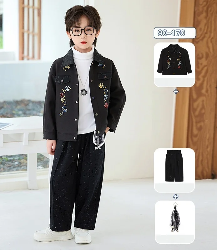 2026 New Autumn Winter Boys' Embroidered Suit Set 90-170 Children's Casual Jackets Pants 2Pieces Clothing Set