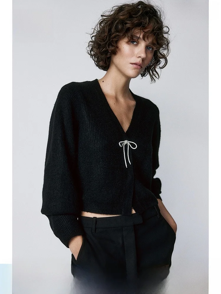 

H&M Women's Knitted Cardigan ort Sve V-ne Knot Ribbed Long Sve Open Cardigan Sli Lazy Sle for Autumn