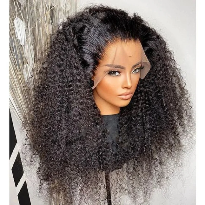 

Soft Long 26Inch Natural Black 180%Density Kinky Curly Preplucked Glueless Lace Front Wig For Women With Babyhair Daily Cosplay