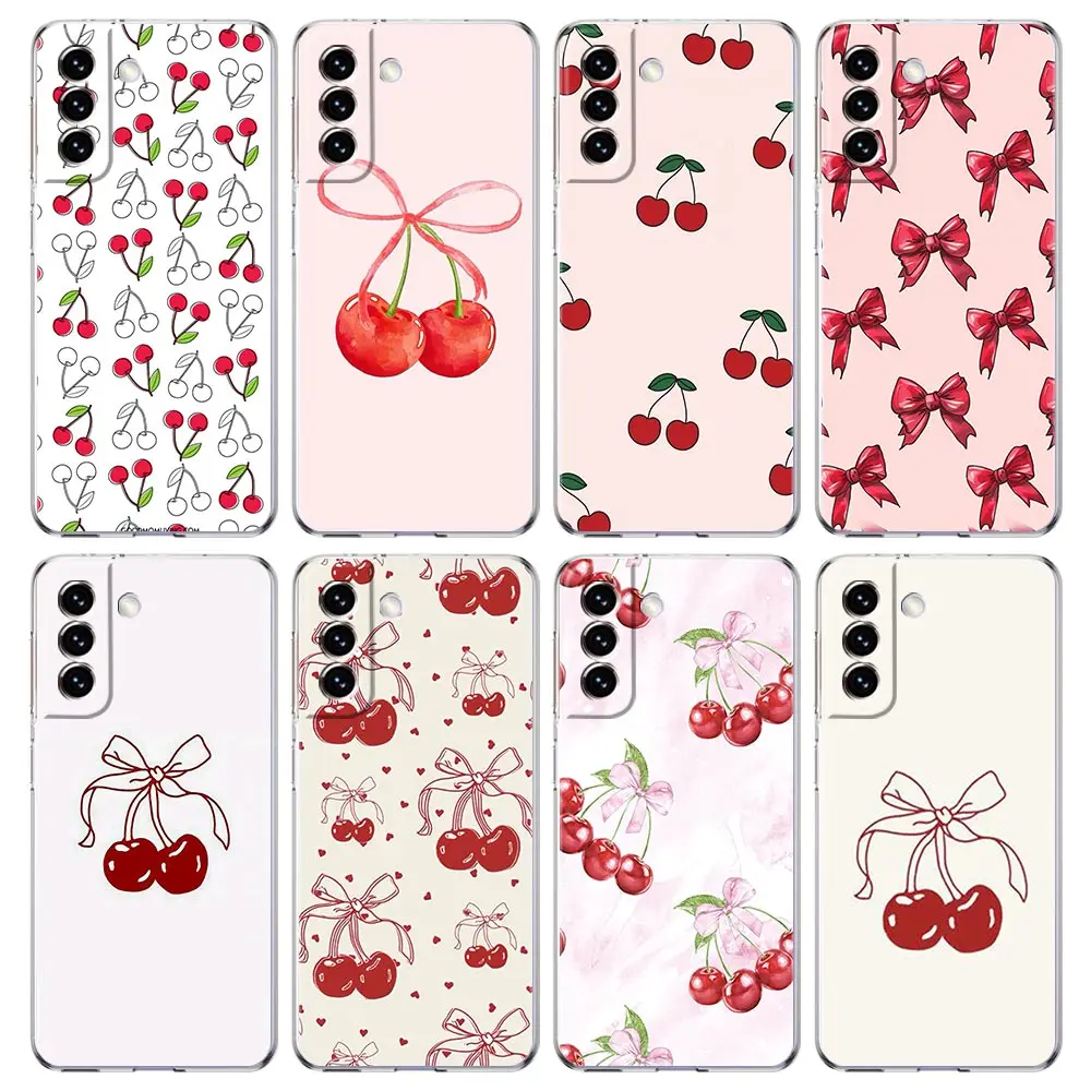 Clear Phone Case For Samsung Galaxy S24 Plus S23 FE S22 S21 S20 Ultra 5G S10 S10E S9 S8 Soft Silicone Cover Cute Cherry Bow