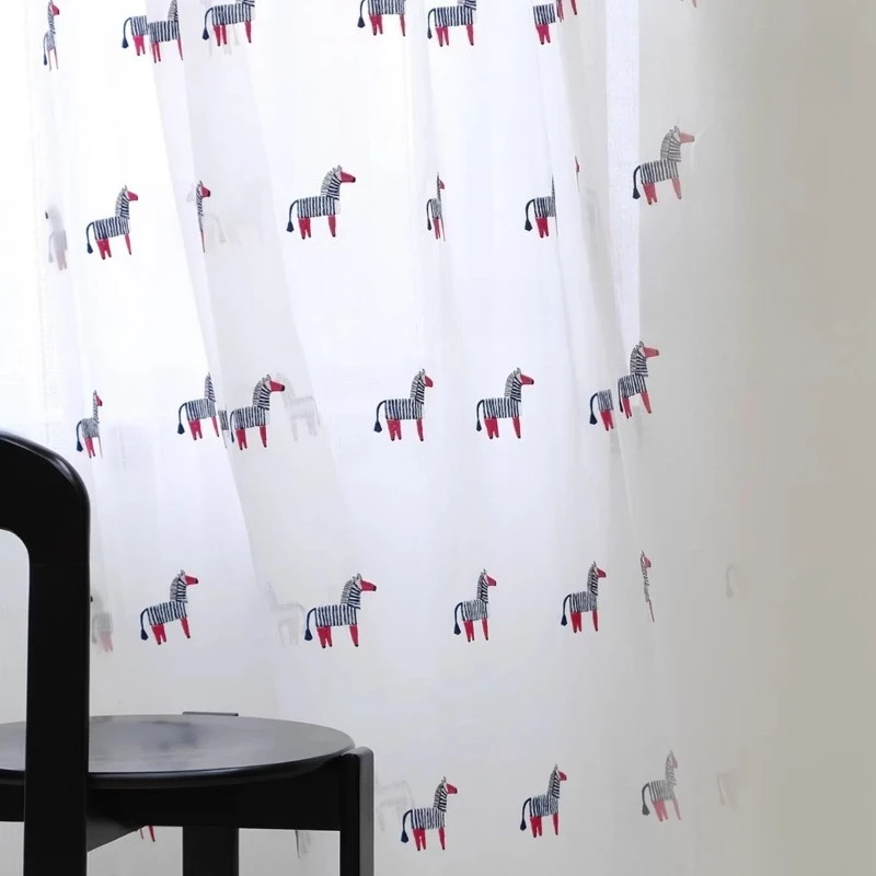 Little Horse Cotton Linen Embroidered Sheer Curtain Dopamine Retro Atmosphere Cute Zebra Children's Room Sheer Curtain Luxury