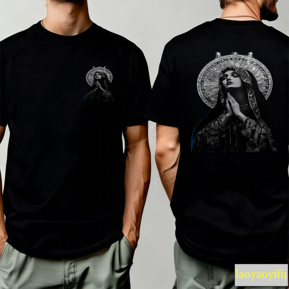 Religious Virgin Mary T-Shirt With Halo Intricate Pattern Prayer Hands Ornate Border Red Black White Crew Neck Short Sleeve Fitt