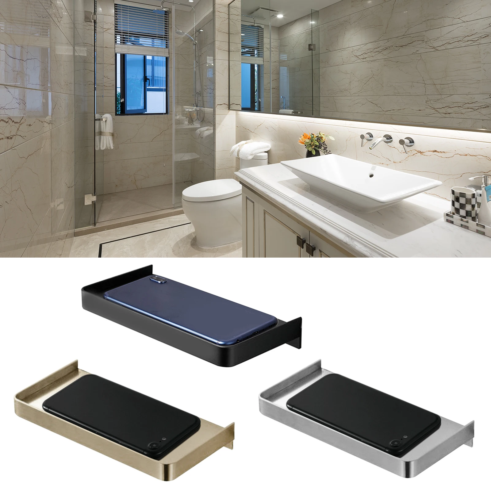 Telefonhalter, Badezimmer-Telefonhalter, Wandmontage, dickes Telefon-Aufbewahrungsregal, Toilettenzubehör, 185 x 90 mm, Telefonhalter aus Edelstahl