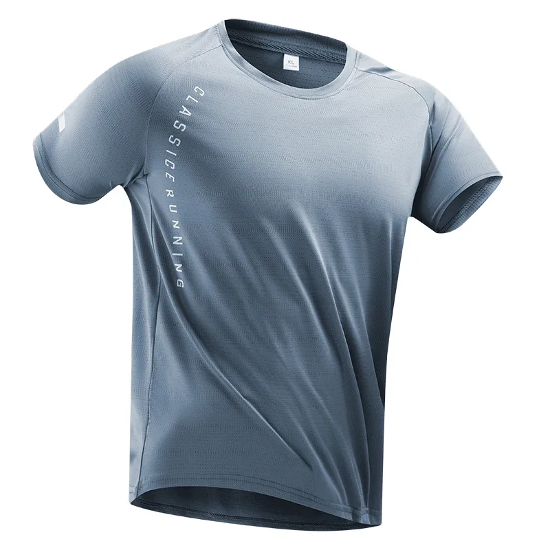 Camiseta para correr para hombre, camiseta fina de seda helada con estampado reflectante, camiseta de Fitness transpirable de manga corta de secado rápido