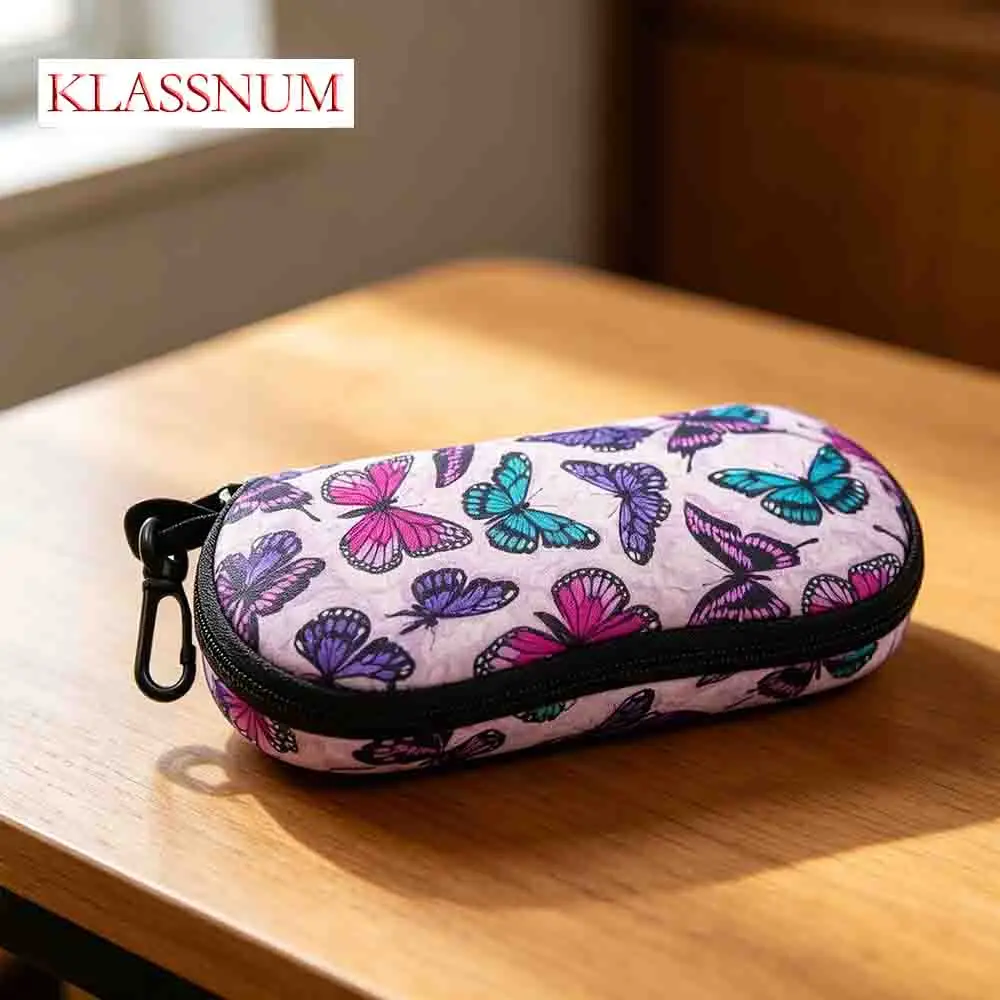 KLASSNUM Butterfly Printed Sunglasses Pouch Soft Glasses Case Floral Portable Zipper Eyewear Protector Women Hook Pouch Bag