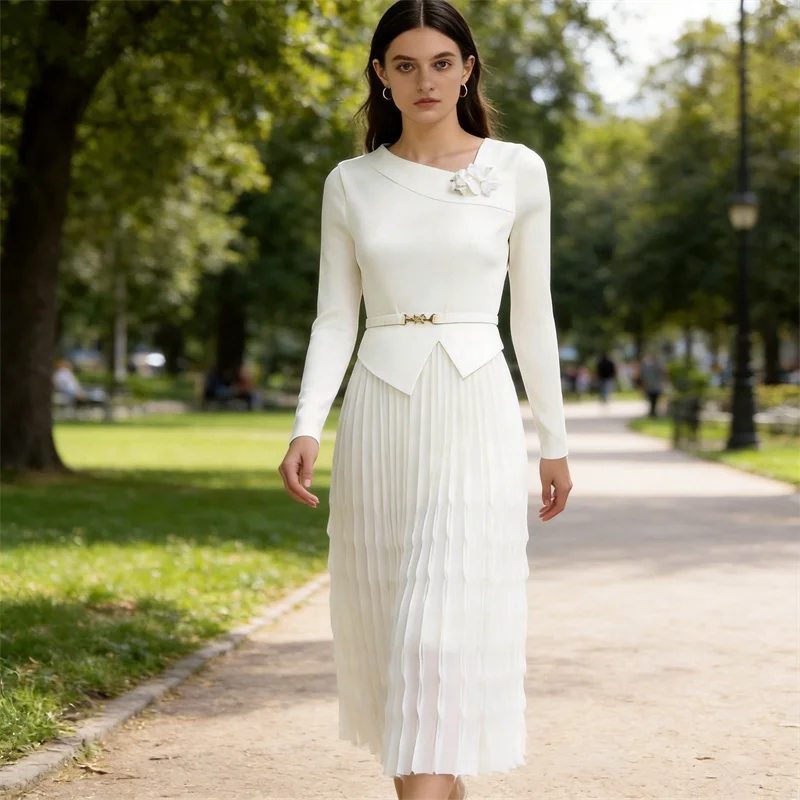 

Miyake Pleated Dress Women's 2026 New Fashion Lace 3d Flower Fake Two-piece Slope Neck Long-sleeved Elegant Mid-length Skirt