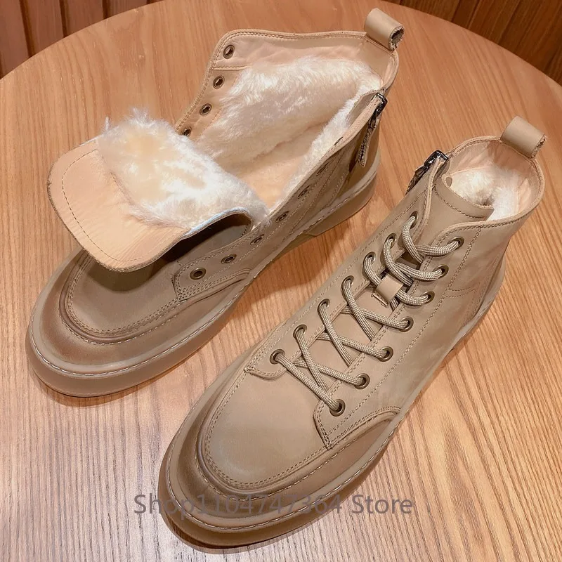 Retro Cow Suede Mid‑Top Winter Casual Boots Men's Genuine Leather Wool Warm Non‑Slip Outdoor Hiking Higj Top Snow Boots Male