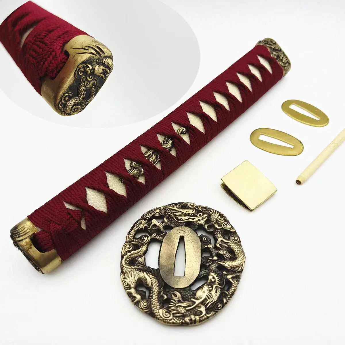 A Set 26cm Handle Real Rayskin Tsuka Brass Dragon Handguard Tsuba Habaki Seppa For Japanese Samurai Katana Sword Fittings