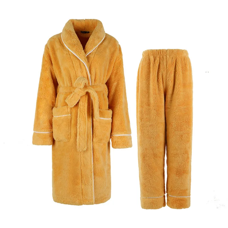 Thickened Flannel Couple Pajamas Set Sleepwear Double Sided Thickened Coral Fleece Kimono Bath Robe Gown Winter Homewear 3XL