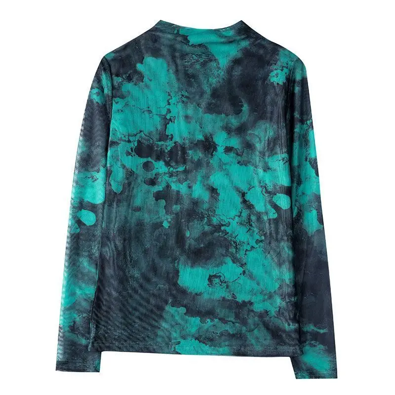 Women Korean Fashion Tie Dye Print Sexy Mesh Elegant Basic T-shirts Spring Autumn Vintage Half High Collar Long Sleeve Slim Tops