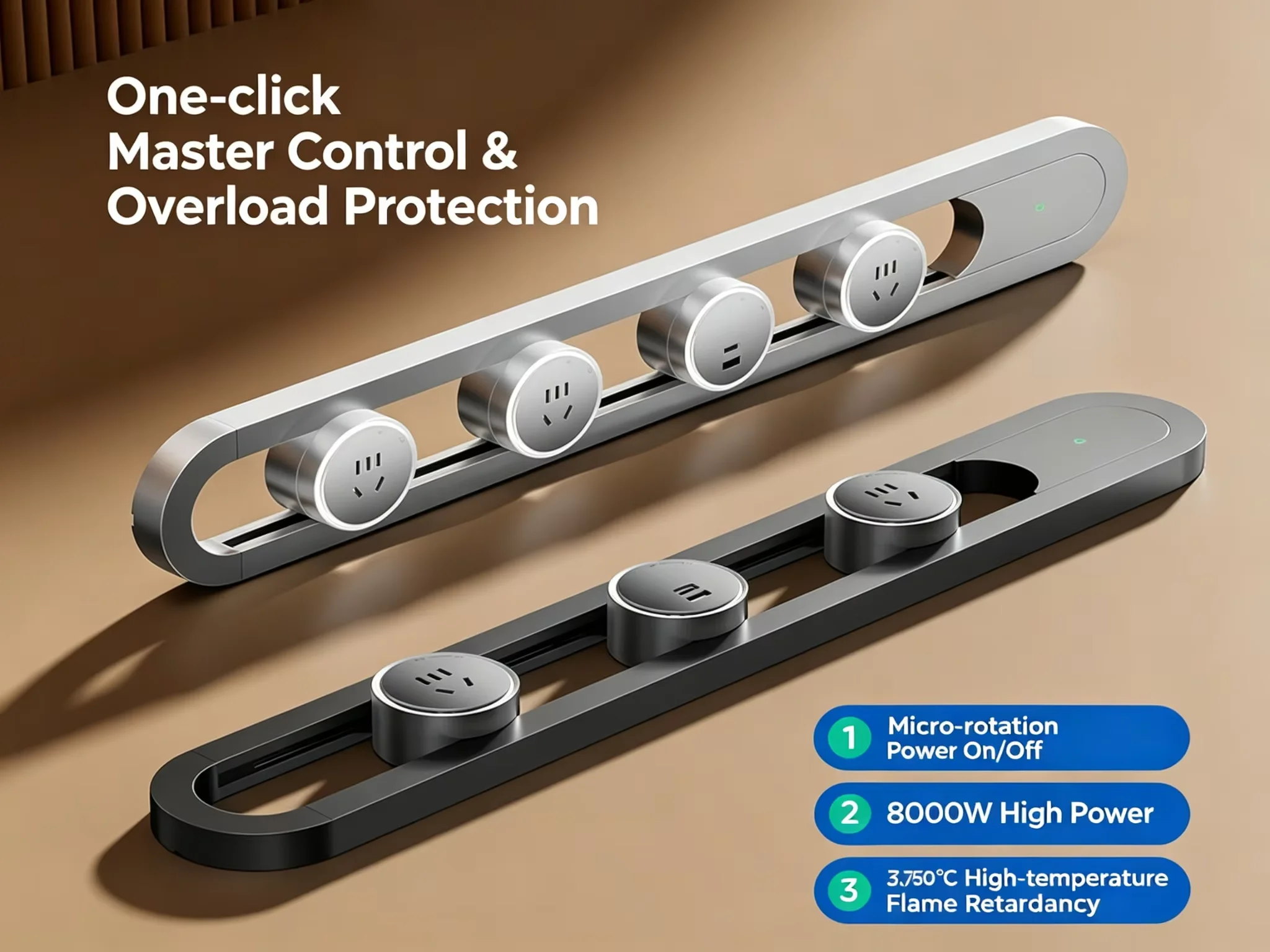 Wall Mounted Power Rail Socket with Master Switch, Sliding Outlets & USB Ports, 8000W Overload Protection for Home Use